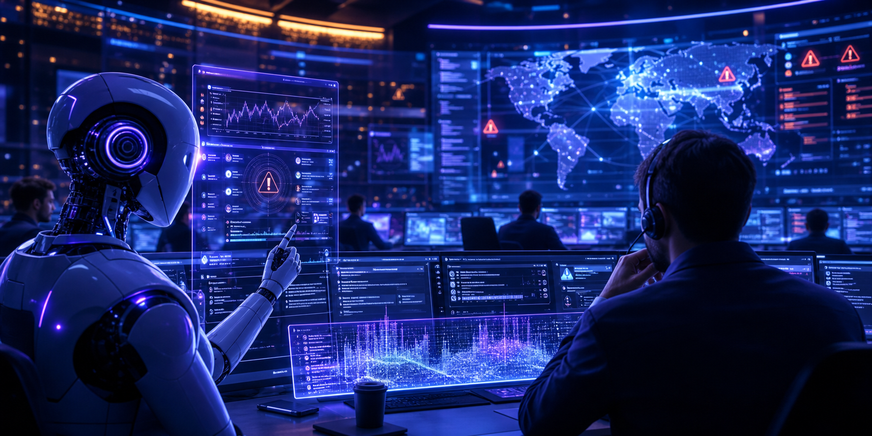 Autonomous SOC concept with AI agent and human analyst in a security operations center